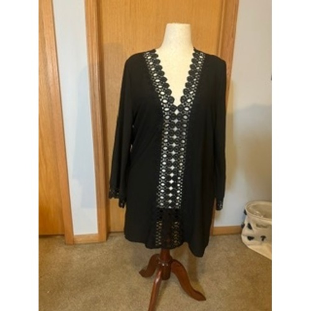 Black Crochet Lace V-Neck Long Sleeve Tunic Top XXL Relaxed Fit Boho
